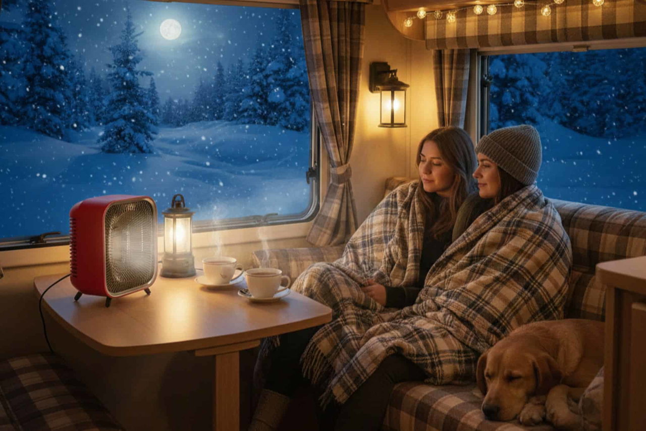 Gemütliche Camper-Wohnung mit Blick auf verschneite Winterlandschaft, Tee- oder Kaffeegenuss im warmen Innenraum.